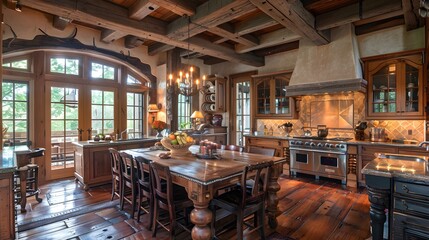 Wall Mural - Rustic kitchen interior with wooden furnishings and a warm, inviting atmosphere.