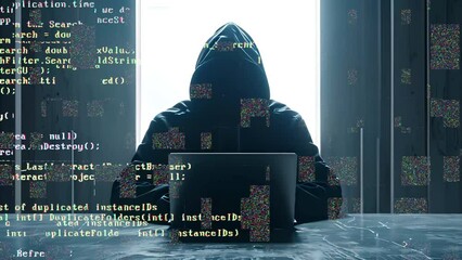 Wall Mural - Hacker in Hood Working in Dark Abstract Room Laptop Keyboard Typing with Digital Virtual Script Texts and Numbers Flying. Anonymous Man Without Face Hacking System. Hacker Attack Concept 4k UHD.