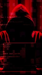 Wall Mural - Hacker in Hood Working in Dark Abstract Room Laptop Keyboard Typing with Digital Virtual Script Texts and Numbers Flying. Anonymous Man Without Face Hacking System. Hacker Attack Concept 4k UHD.