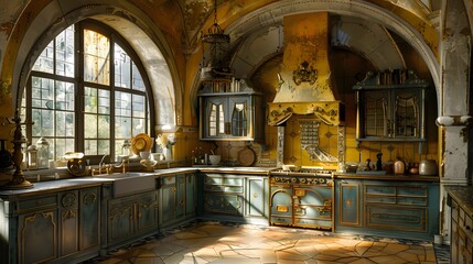 Wall Mural - Vintage kitchen interior with sunlight streaming through windows and rustic decorations in a classical home. 