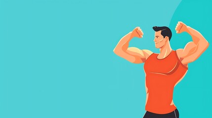 Man Flexing His Muscles in Red Tank Top Illustration on Blue Background