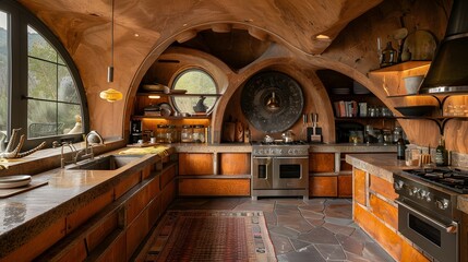 Wall Mural - Rustic and stylish kitchen with curved wooden cabinets and modern appliances evoking a warm, homey atmosphere. 