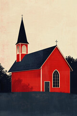 Illustration of a red church with a tall steeple against a beige background