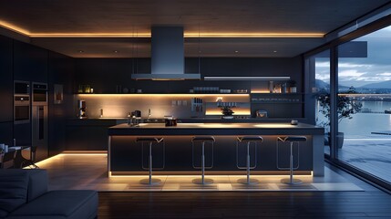Wall Mural - Modern kitchen interior with ambient lighting overlooking a scenic view at dusk, priced at 