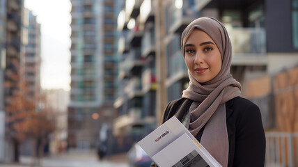 Wall Mural - Hijabi Woman as Property Agent, Holding Brochure
