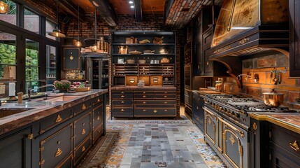 Elegant vintage-style kitchen with dark cabinetry and luxury appliances, perfect for a sophisticated home interior design concept. 