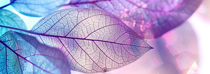 Wall Mural - A closeup of transparent leaves with veins, their colors transitioning from green to blue and purple