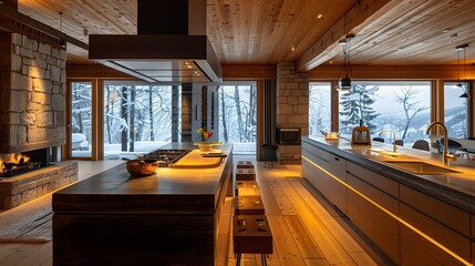 Wall Mural - Modern kitchen interior with wooden finishes and a snowy landscape visible through large windows, offering a cozy atmosphere of warmth and luxury. 