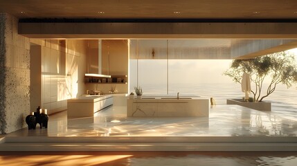 Wall Mural - Modern luxurious kitchen interior design with ocean view at sunset time, featuring a marble island and sleek cabinetry in a spacious layout. 