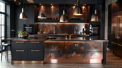 Wall Mural - Modern kitchen interior with dark cabinetry and copper accents under stylish pendant lights. 