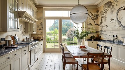 Wall Mural - Elegant kitchen interior with wooden furniture and a hand-painted mural with a view of the garden through the windows 