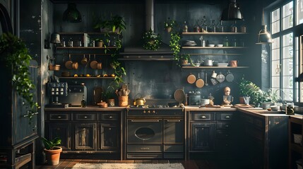 Wall Mural - A cozy and stylish vintage kitchen interior filled with plants and rustic cookware under warm lighting 