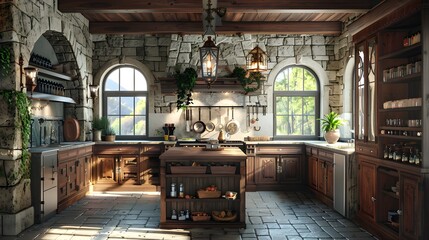 Wall Mural - Rustic kitchen interior with natural lighting and wood and stone finishes showcasing a warm and inviting cooking space