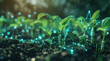 Wall Mural - A field of plants with a blue and green glow virtual lines connection