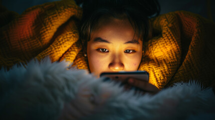 A woman is laying on a bed with a phone in her hand
