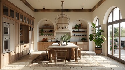 Wall Mural - Bright and airy modern kitchen with natural wood cabinets, large windows, and a central island illuminated by sunlight.