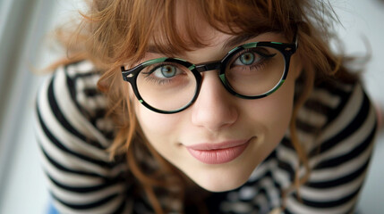 Poster - A woman with brown hair and green and black glasses is smiling