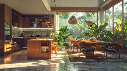 Wall Mural - Sunlight streams into a spacious kitchen and dining area filled with plants, creating a warm and inviting tropical home ambiance.