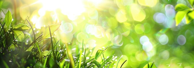 Wall Mural - Spring background with green grass and sun rays.