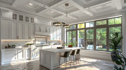 Wall Mural - Luxurious, spacious kitchen interior with modern design and sunlight streaming through large windows.