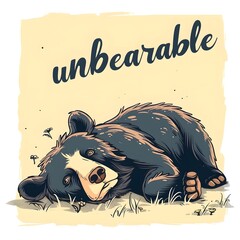 Wall Mural - A depressed bear tired of life lies on the ground on a light yellow background and lettering is 