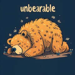 Wall Mural - A tired sleeping bear lies on the ground on a dark blue background and lettering is 