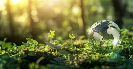 Fototapete - Forest ecosystem. ESG eco concept. Glass globe in forest. Nature spring background. Conservation and ecology environment
