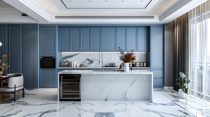 Wall Mural - Elegant modern kitchen interior with blue cabinets and marble floor design showcasing luxury and sophistication. 