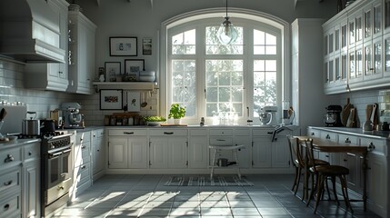 Wall Mural - Bright and spacious kitchen interior with modern appliances and ample sunlight filtering through a large window.