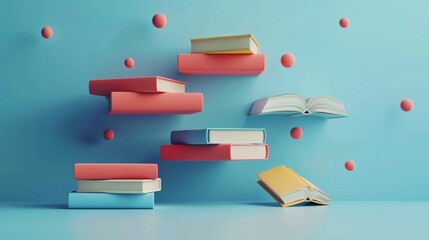 Wall Mural - Creative arrangement of colorful books and spheres against a blue background, showcasing a playful and artistic concept of floating literature. 3D Illustration.
