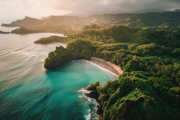 Poster - Aerial view of a pristine tropical beach surrounded by lush greenery and crystal-clear waters under a cloudy sky, perfect for a getaway.