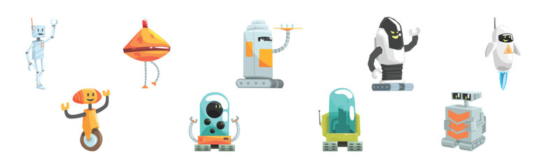 Wall Mural - Funny Robot Character with Metal Body and Hands Vector Set