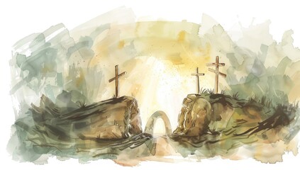Wall Mural - Painting of empty tomb with three crosses in background, symbolizing Christ's panting.