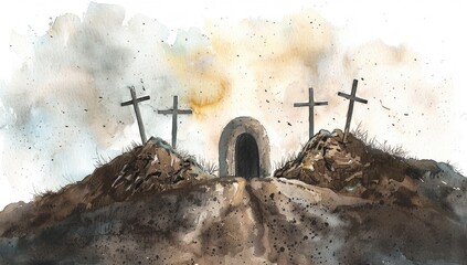 Wall Mural - Watercolor empty tomb with three crosses in the background.