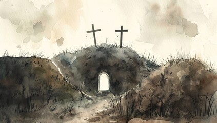 Wall Mural - Watercolor empty tomb with three crosses in the background.
