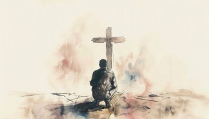 Wall Mural - Watercolor illustration of a man kneeling in front of a cross.