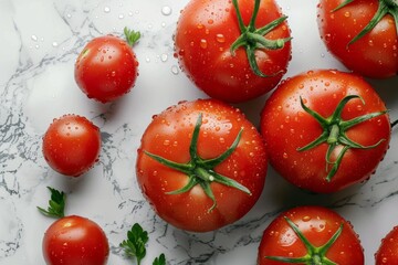 Canvas Print - Fresh Red Tomatoes with Water Droplets on Marble