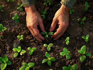 A dedicated gardener is carefully planting young seedlings in a lush and vibrant garden environment on a sunny day, surrounded by colorful flowers and foliage, creating a beautiful and tranquil scene.