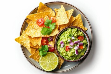 Canvas Print - Nachos with Guacamole and Lime Slice on Plate