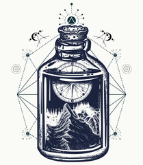 Wall Mural - Mountain and compass in bottle tattoo and t-shirt design. Esoteric concept. Sacred geometry. Adventure, travel, outdoors symbol