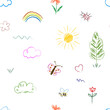 © Liubov - Seamless pattern of a set of doodles drawn by a child. Sun, rainbow, clouds, tree, butterfly, bee, beetle.
