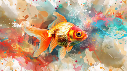Oranda goldfish surrounded by vibrant, abstract splashes of color, digital art