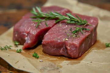 Wall Mural - Raw Beef Steaks with Herbs on Parchment Paper