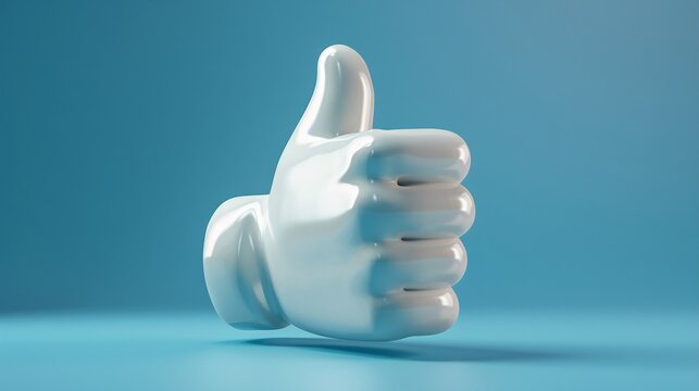 3D rendering of a white thumbs-up hand gesture on a blue background, symbolizing approval and positive feedback.