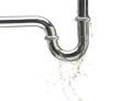 © Jade - Leaking water from chromium stainless steel pipe under sink. Drain leak water from pipe plumbing in bathroom as water always drop. White background isolated