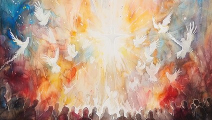 Wall Mural - Watercolor painting of the spirit descending on prayerful people in church, white doves flying around.
