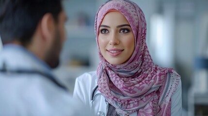 Wall Mural - Muslim female Doctor and female patient discussing in the examination room, raw