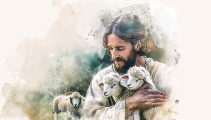 Wall Mural - Jesus holding baby lamb in his arms in wtaercolor style.