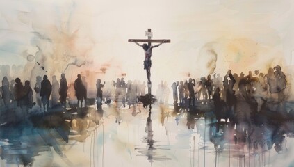 Jesus Christ on the cross with many people surrounding him in watercolor style.