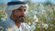 © bird_saranyoo - A Emirati man sitting in a field of flowers Beautiful teal flowers and roses